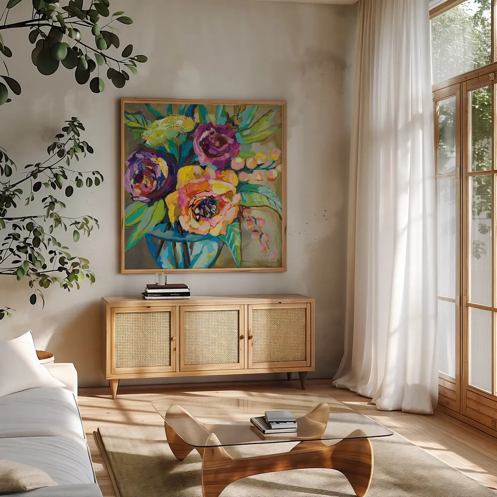 Coffee Break by Jeanette Vertentes. Shown in a natural wood frame in a cozy modern living room. Available as an archival giclee rolled canvas, fine art paper, or poster print. SKU 53179a.