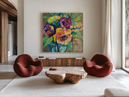 Coffee Break by Jeanette Vertentes. Shown as extra-large giant wall art in a modern living room. Available as an archival giclee rolled canvas, fine art paper, or poster print. SKU 53179a.