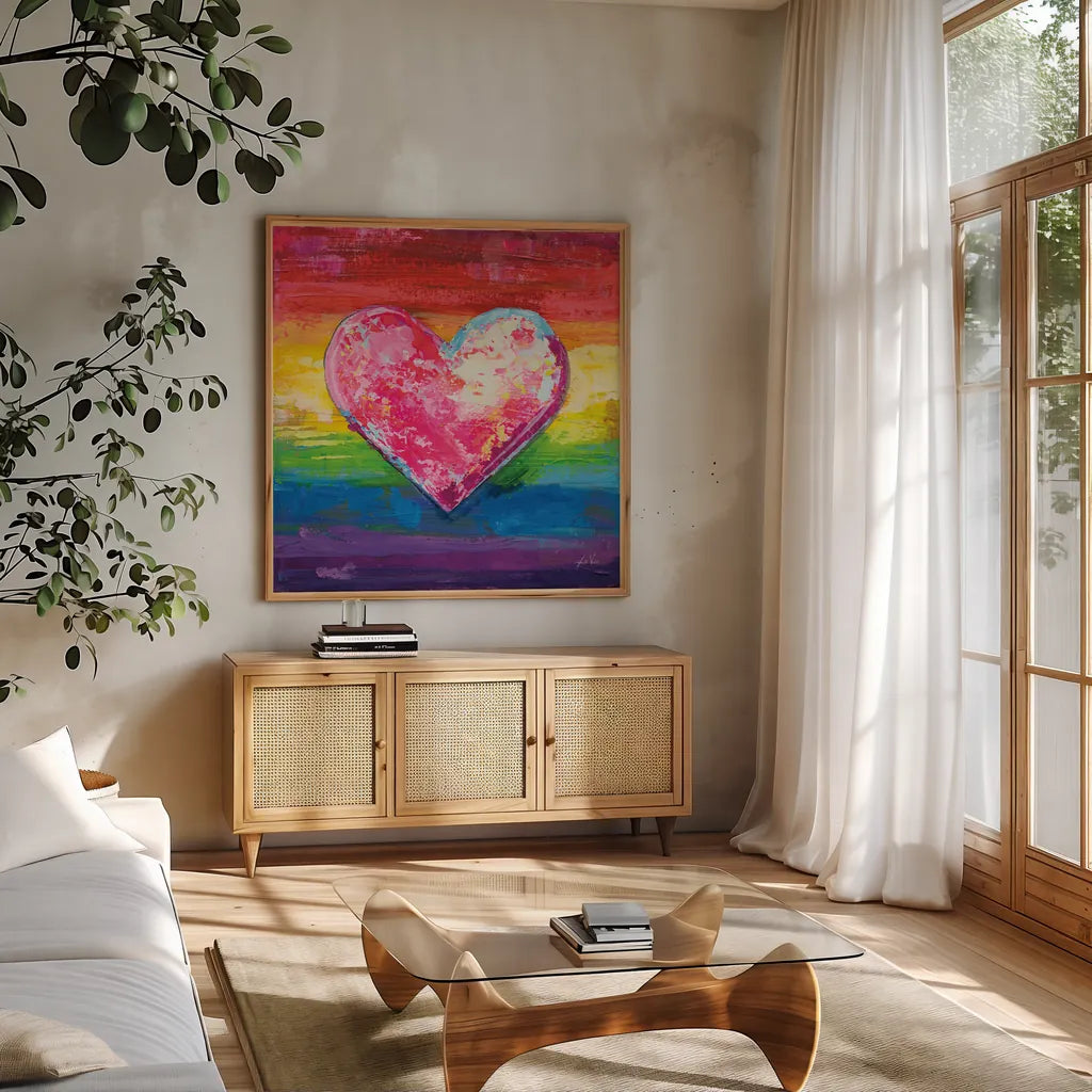 Color My Heart by Jeanette Vertentes. Shown in a natural wood frame in a cozy modern living room. Available as an archival giclee rolled canvas, fine art paper, or poster print. SKU 101652a.