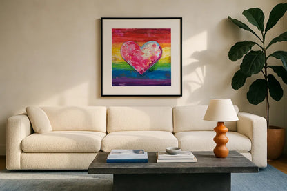 Color My Heart by Jeanette Vertentes. Displayed in a glass frame with matte in a clean modern living room. Available as an archival giclee rolled canvas, fine art paper, or poster print. SKU 101652a.