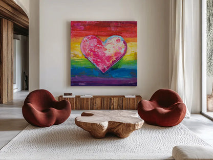Color My Heart by Jeanette Vertentes. Shown as extra-large giant wall art in a modern living room. Available as an archival giclee rolled canvas, fine art paper, or poster print. SKU 101652a.