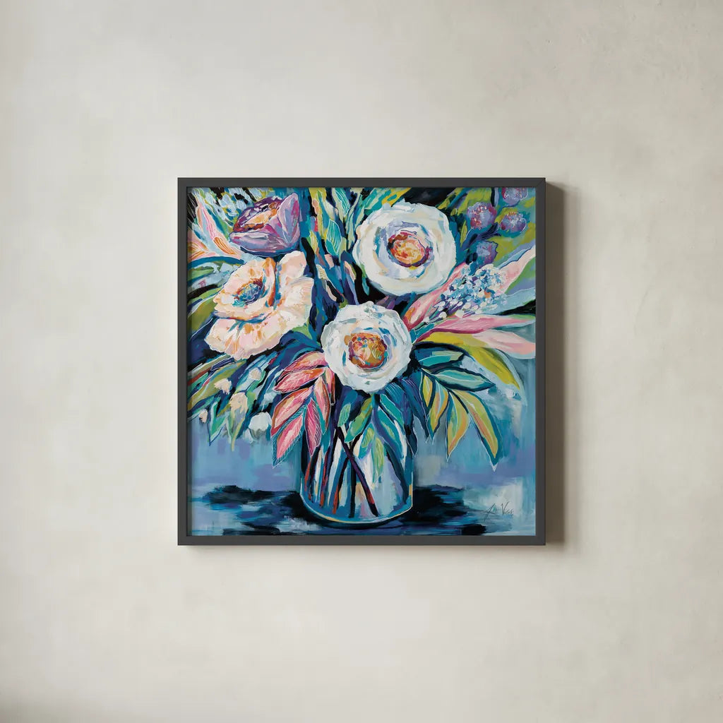 Confetti Light by Jeanette Vertentes. Shown in a sleek black glass frame for a contemporary gallery look. Available as an archival giclee rolled canvas, fine art paper, or poster print. SKU 75827a.