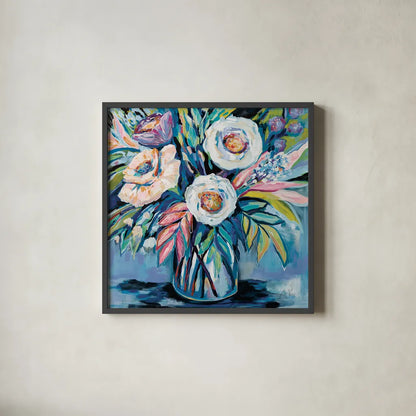 Confetti Light by Jeanette Vertentes. Shown in a sleek black glass frame for a contemporary gallery look. Available as an archival giclee rolled canvas, fine art paper, or poster print. SKU 75827a.