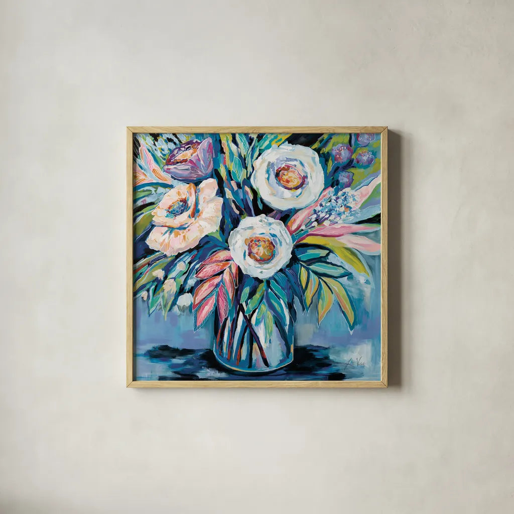 Confetti Light by Jeanette Vertentes. Shown in a natural wood glass frame for a timeless modern aesthetic. Available as an archival giclee rolled canvas, fine art paper, or poster print. SKU 75827a.