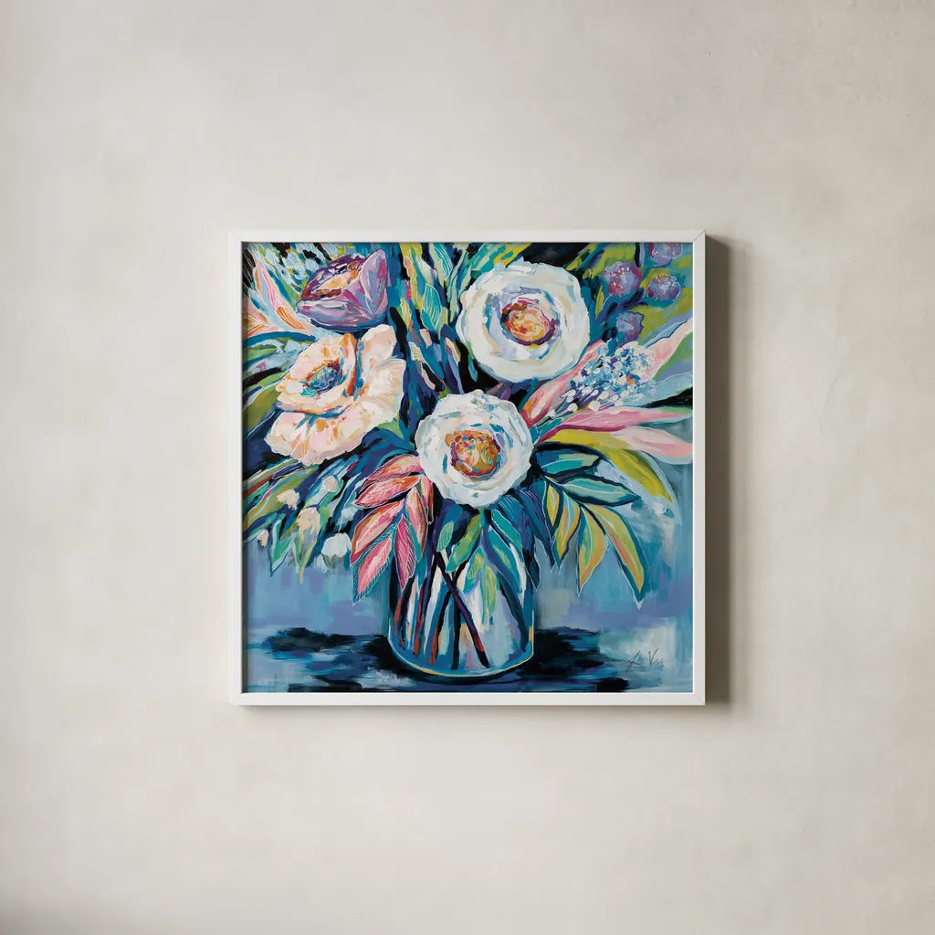 Confetti Light by Jeanette Vertentes. Shown in a crisp white glass frame for a clean and minimalist style. Available as an archival giclee rolled canvas, fine art paper, or poster print. SKU 75827a.