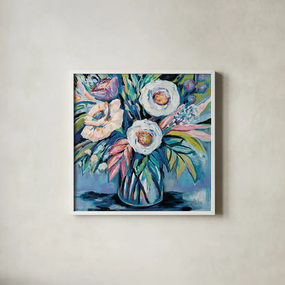 Confetti Light by Jeanette Vertentes. Shown in a crisp white glass frame for a clean and minimalist style. Available as an archival giclee rolled canvas, fine art paper, or poster print. SKU 75827a.