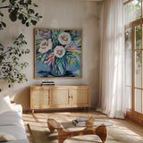 Confetti Light by Jeanette Vertentes. Shown in a natural wood frame in a cozy modern living room. Available as an archival giclee rolled canvas, fine art paper, or poster print. SKU 75827a.
