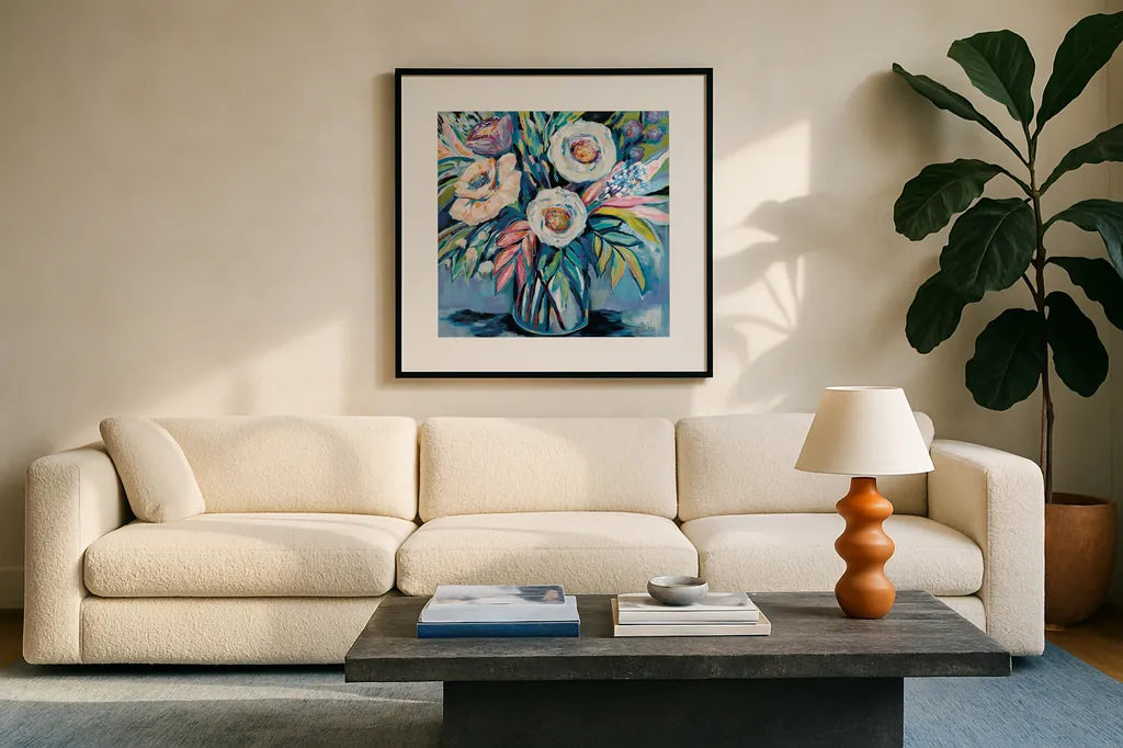 Confetti Light by Jeanette Vertentes. Displayed in a glass frame with matte in a clean modern living room. Available as an archival giclee rolled canvas, fine art paper, or poster print. SKU 75827a.