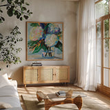 Courtesy by Jeanette Vertentes. Shown in a natural wood frame in a cozy modern living room. Available as an archival giclee rolled canvas, fine art paper, or poster print. SKU 89210a.