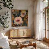 Dances by Jeanette Vertentes. Shown in a natural wood frame in a cozy modern living room. Available as an archival giclee rolled canvas, fine art paper, or poster print. SKU 49347a.