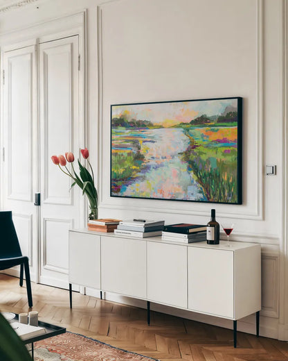 Dancing Light Crop by Jeanette Vertentes. shown as a framed stretched canvas in a living room above a console. Available as a archival giclee rolled canvas, fine art paper, or poster print. SKU 66278i.