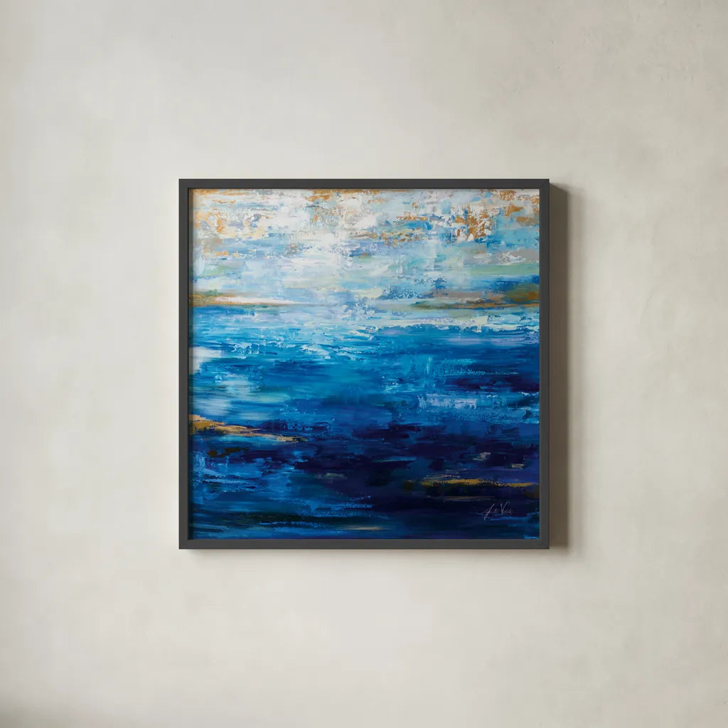 Deep Blue by Jeanette Vertentes. Shown in a sleek black glass frame for a contemporary gallery look. Available as an archival giclee rolled canvas, fine art paper, or poster print. SKU 78294a.