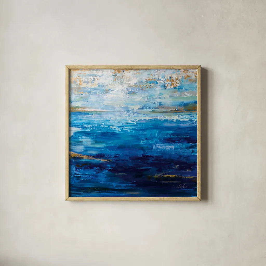 Deep Blue by Jeanette Vertentes. Shown in a natural wood glass frame for a timeless modern aesthetic. Available as an archival giclee rolled canvas, fine art paper, or poster print. SKU 78294a.