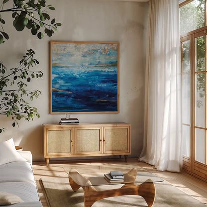 Deep Blue by Jeanette Vertentes. Shown in a natural wood frame in a cozy modern living room. Available as an archival giclee rolled canvas, fine art paper, or poster print. SKU 78294a.