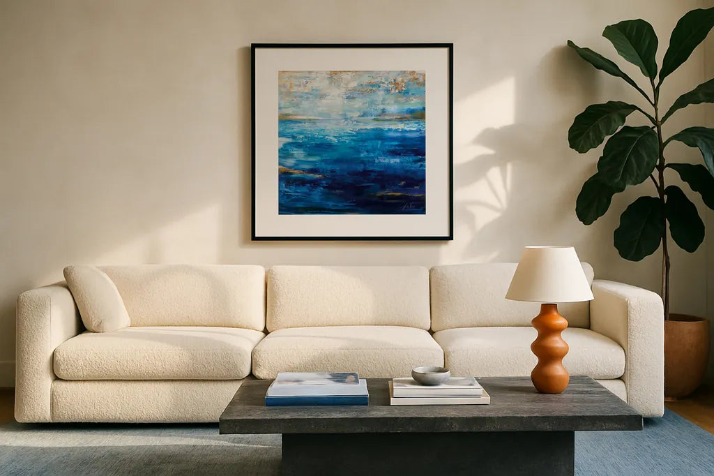 Deep Blue by Jeanette Vertentes. Displayed in a glass frame with matte in a clean modern living room. Available as an archival giclee rolled canvas, fine art paper, or poster print. SKU 78294a.
