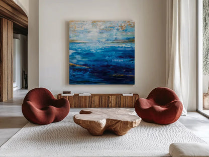 Deep Blue by Jeanette Vertentes. Shown as extra-large giant wall art in a modern living room. Available as an archival giclee rolled canvas, fine art paper, or poster print. SKU 78294a.