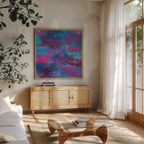 Delight by Jeanette Vertentes. Shown in a natural wood frame in a cozy modern living room. Available as an archival giclee rolled canvas, fine art paper, or poster print. SKU 55476a.