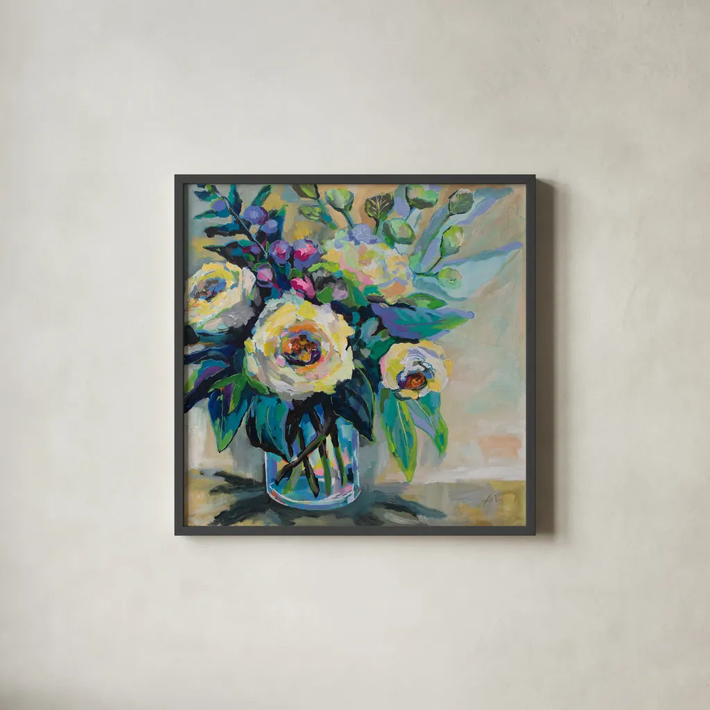 Delighted by Jeanette Vertentes. Shown in a sleek black glass frame for a contemporary gallery look. Available as an archival giclee rolled canvas, fine art paper, or poster print. SKU 53974a.