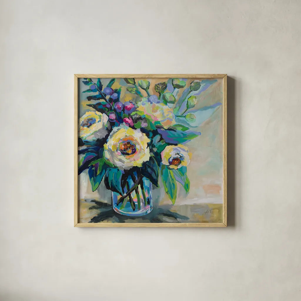 Delighted by Jeanette Vertentes. Shown in a natural wood glass frame for a timeless modern aesthetic. Available as an archival giclee rolled canvas, fine art paper, or poster print. SKU 53974a.