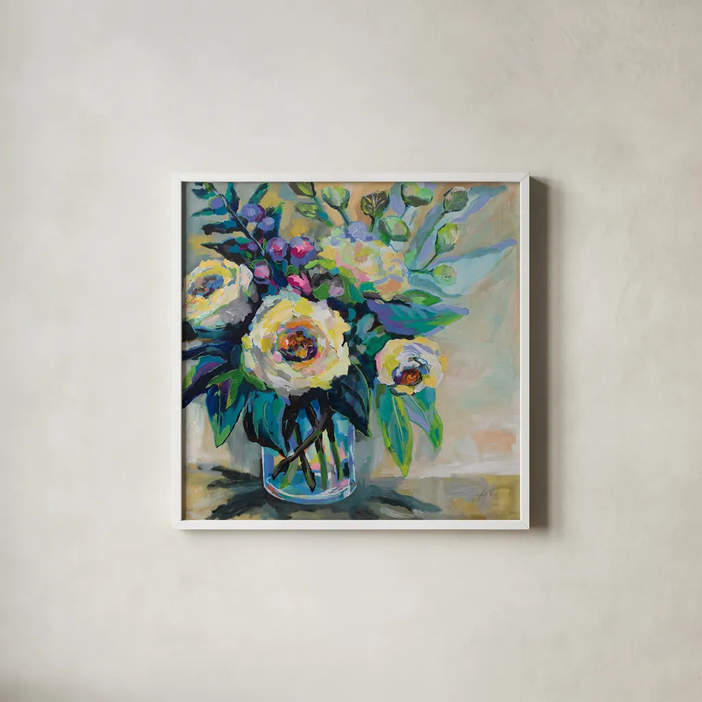 Delighted by Jeanette Vertentes. Shown in a crisp white glass frame for a clean and minimalist style. Available as an archival giclee rolled canvas, fine art paper, or poster print. SKU 53974a.