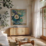 Delighted by Jeanette Vertentes. Shown in a natural wood frame in a cozy modern living room. Available as an archival giclee rolled canvas, fine art paper, or poster print. SKU 53974a.