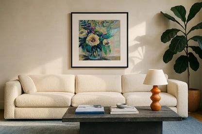 Delighted by Jeanette Vertentes. Displayed in a glass frame with matte in a clean modern living room. Available as an archival giclee rolled canvas, fine art paper, or poster print. SKU 53974a.