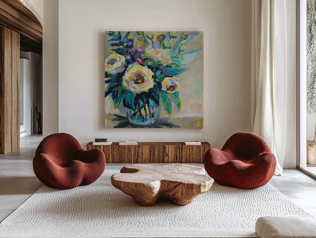 Delighted by Jeanette Vertentes. Shown as extra-large giant wall art in a modern living room. Available as an archival giclee rolled canvas, fine art paper, or poster print. SKU 53974a.