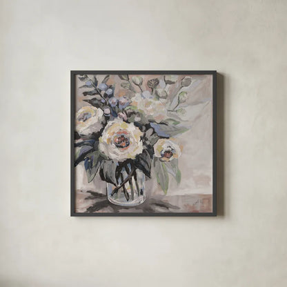 Delighted Greige by Jeanette Vertentes. Shown in a sleek black glass frame for a contemporary gallery look. Available as an archival giclee rolled canvas, fine art paper, or poster print. SKU 55390a.