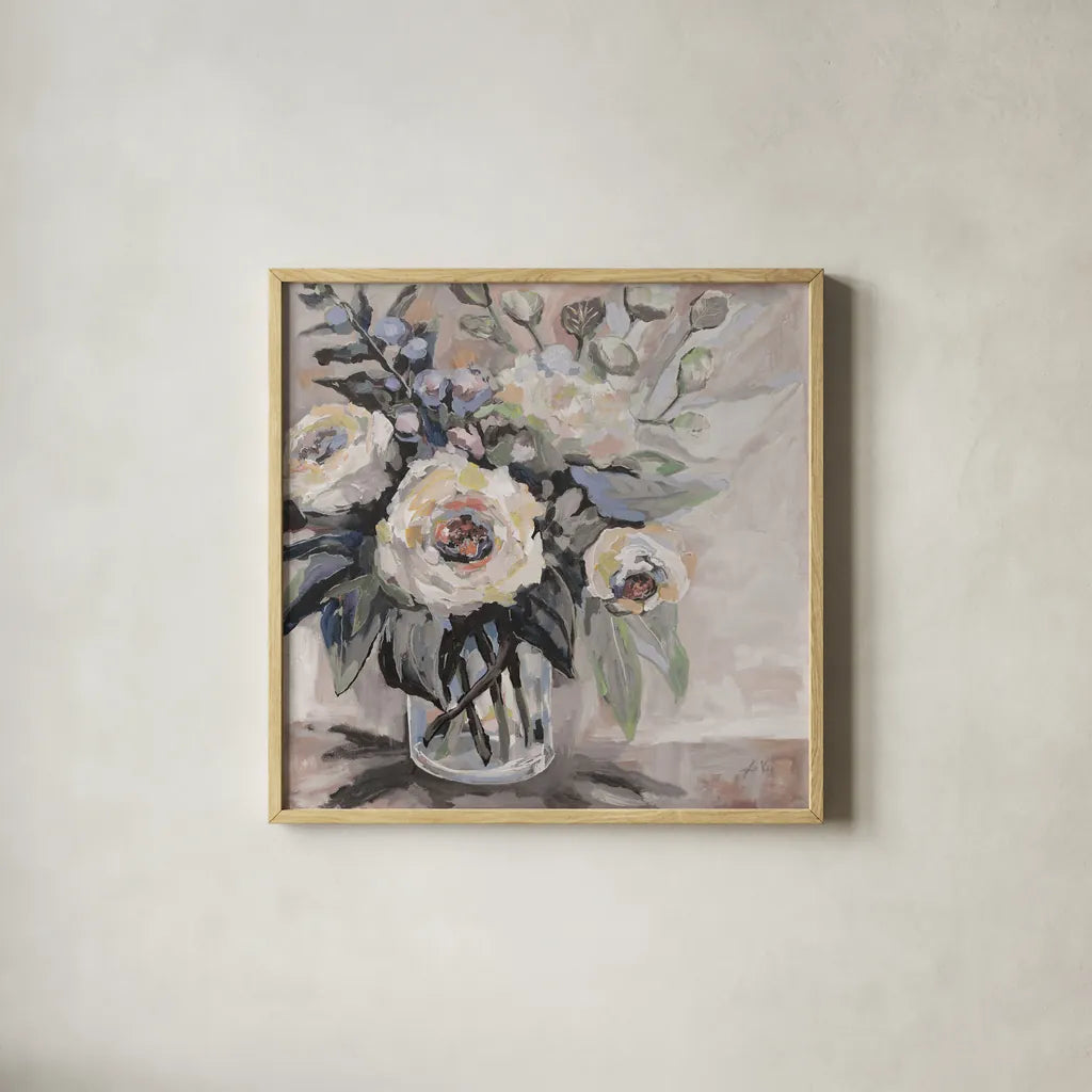 Delighted Greige by Jeanette Vertentes. Shown in a natural wood glass frame for a timeless modern aesthetic. Available as an archival giclee rolled canvas, fine art paper, or poster print. SKU 55390a.