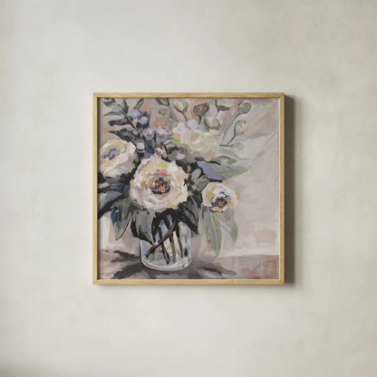 Delighted Greige by Jeanette Vertentes. Shown in a natural wood glass frame for a timeless modern aesthetic. Available as an archival giclee rolled canvas, fine art paper, or poster print. SKU 55390a.