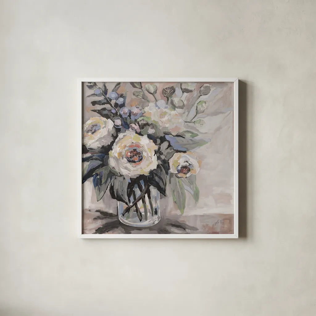Delighted Greige by Jeanette Vertentes. Shown in a crisp white glass frame for a clean and minimalist style. Available as an archival giclee rolled canvas, fine art paper, or poster print. SKU 55390a.