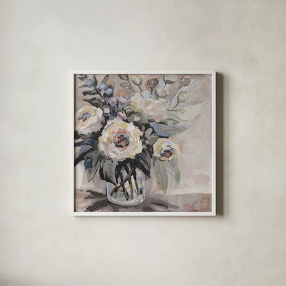 Delighted Greige by Jeanette Vertentes. Shown in a crisp white glass frame for a clean and minimalist style. Available as an archival giclee rolled canvas, fine art paper, or poster print. SKU 55390a.
