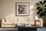 Delighted Greige by Jeanette Vertentes. Displayed in a glass frame with matte in a clean modern living room. Available as an archival giclee rolled canvas, fine art paper, or poster print. SKU 55390a.