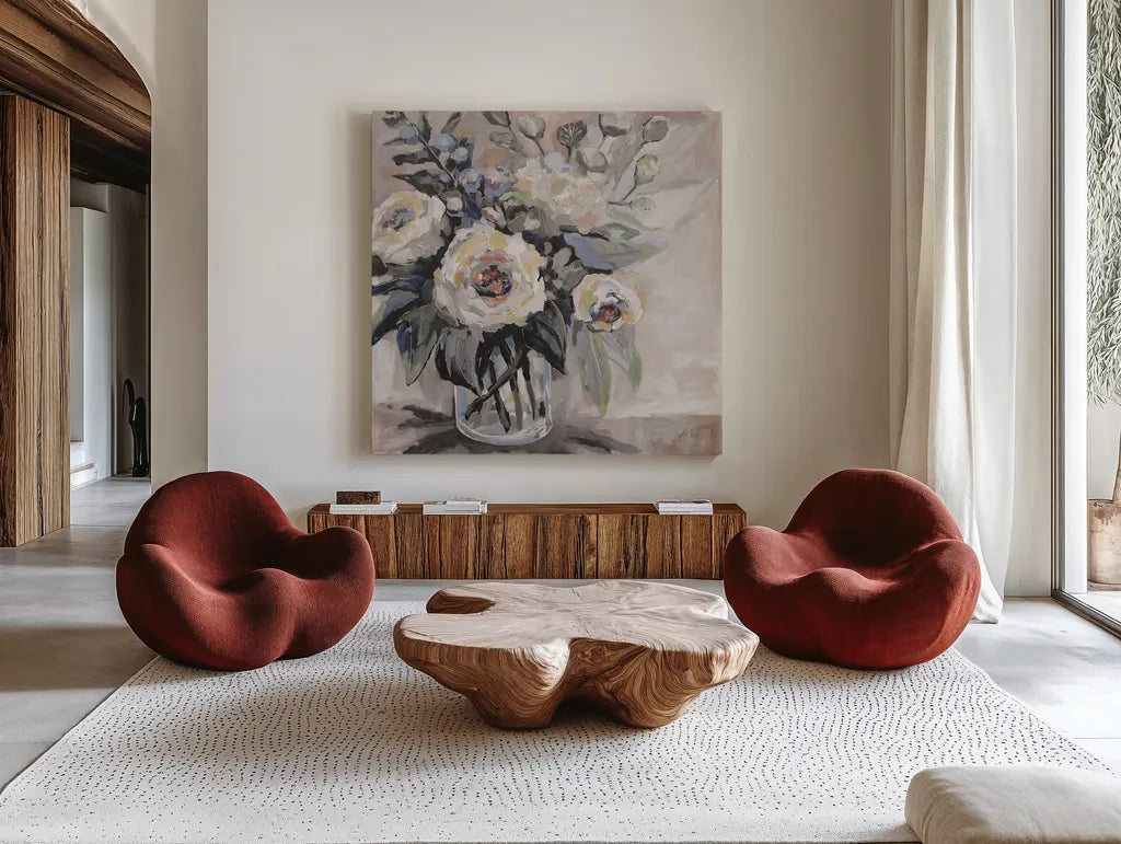 Delighted Greige by Jeanette Vertentes. Shown as extra-large giant wall art in a modern living room. Available as an archival giclee rolled canvas, fine art paper, or poster print. SKU 55390a.