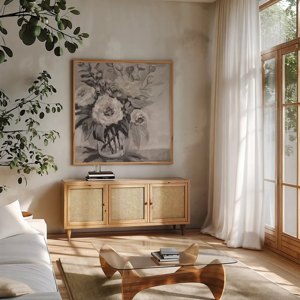 Delighted Neutral by Jeanette Vertentes. Shown in a natural wood frame in a cozy modern living room. Available as an archival giclee rolled canvas, fine art paper, or poster print. SKU 54800a.