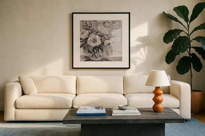 Delighted Neutral by Jeanette Vertentes. Displayed in a glass frame with matte in a clean modern living room. Available as an archival giclee rolled canvas, fine art paper, or poster print. SKU 54800a.