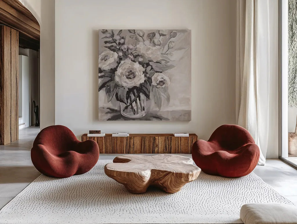 Delighted Neutral by Jeanette Vertentes. Shown as extra-large giant wall art in a modern living room. Available as an archival giclee rolled canvas, fine art paper, or poster print. SKU 54800a.
