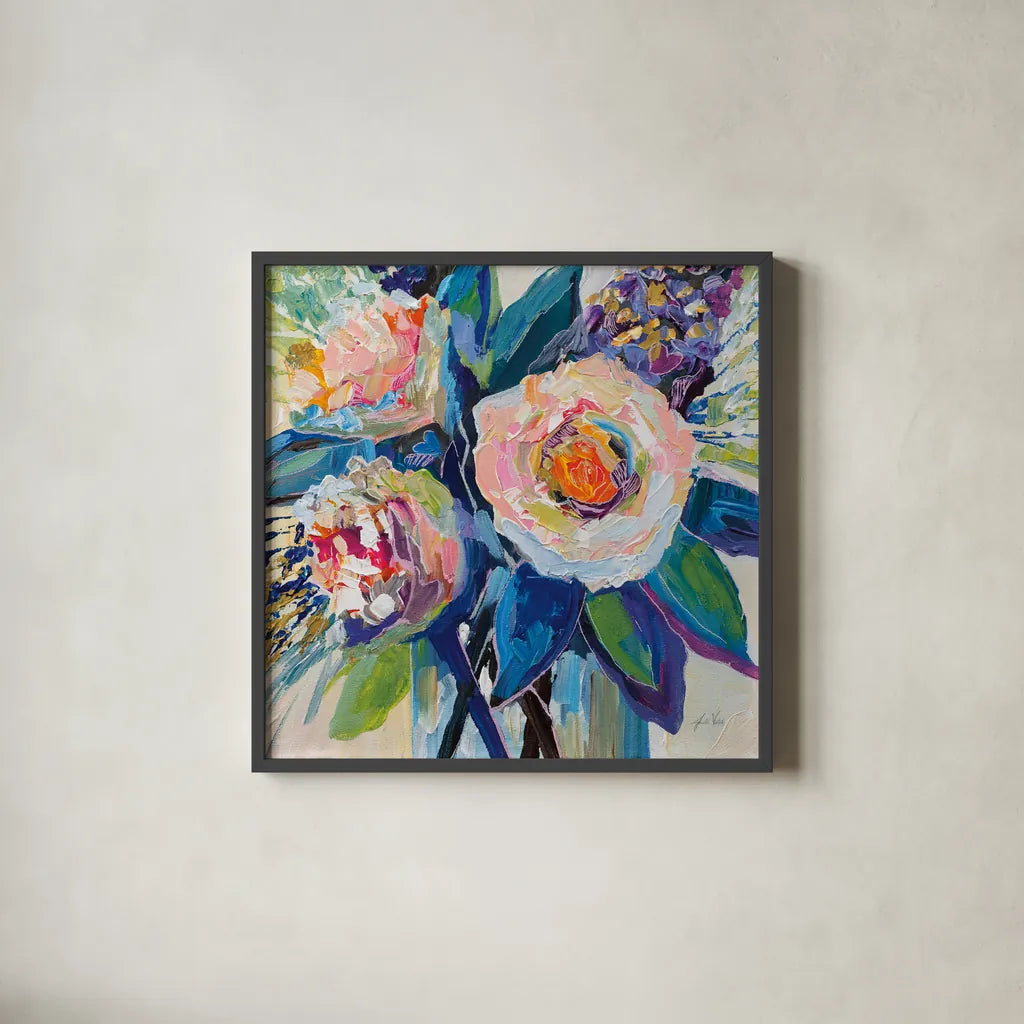 Delightful by Jeanette Vertentes. Shown in a sleek black glass frame for a contemporary gallery look. Available as an archival giclee rolled canvas, fine art paper, or poster print. SKU 90513a.