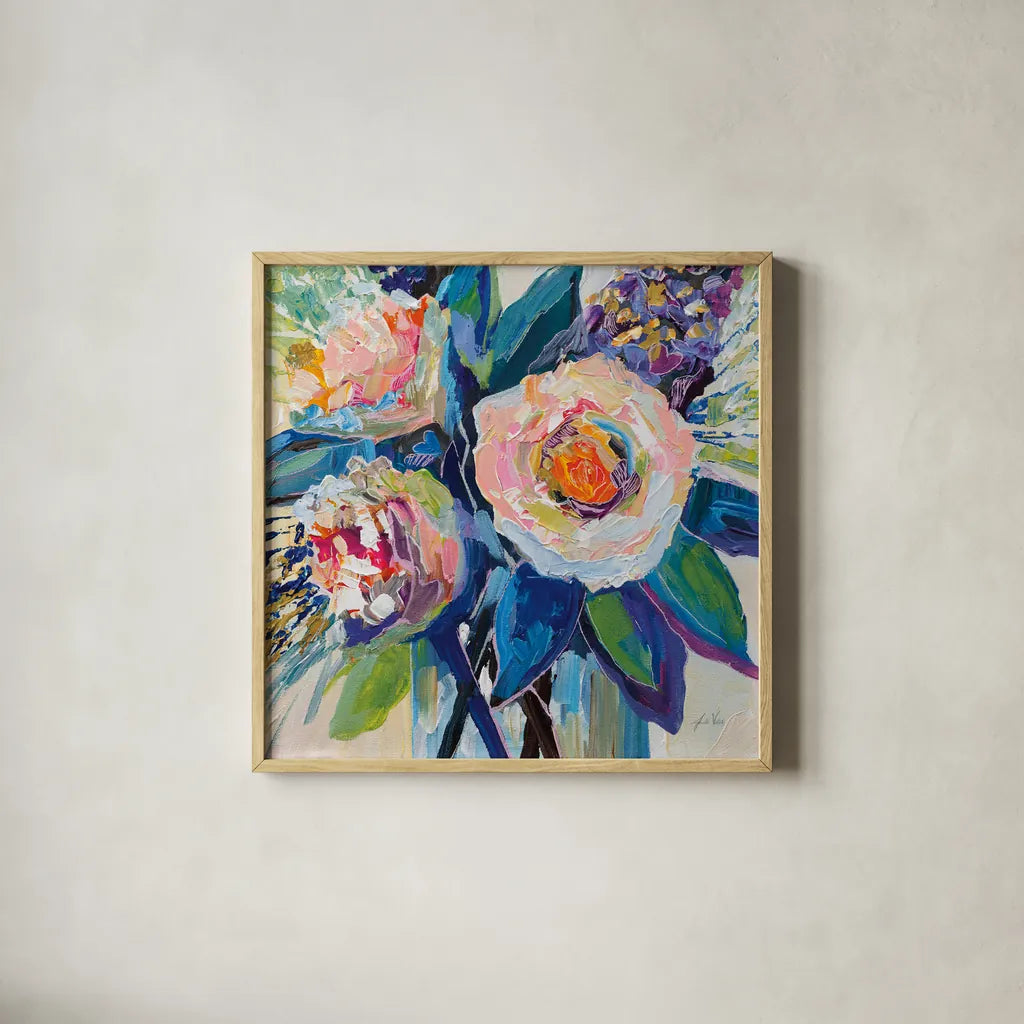 Delightful by Jeanette Vertentes. Shown in a natural wood glass frame for a timeless modern aesthetic. Available as an archival giclee rolled canvas, fine art paper, or poster print. SKU 90513a.