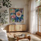 Delightful by Jeanette Vertentes. Shown in a natural wood frame in a cozy modern living room. Available as an archival giclee rolled canvas, fine art paper, or poster print. SKU 90513a.