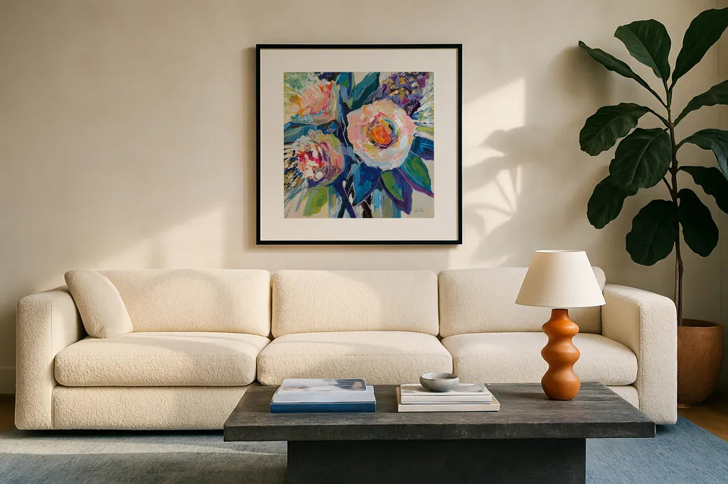 Delightful by Jeanette Vertentes. Displayed in a glass frame with matte in a clean modern living room. Available as an archival giclee rolled canvas, fine art paper, or poster print. SKU 90513a.