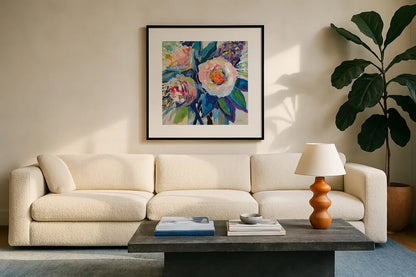 Delightful by Jeanette Vertentes. Displayed in a glass frame with matte in a clean modern living room. Available as an archival giclee rolled canvas, fine art paper, or poster print. SKU 90513a.