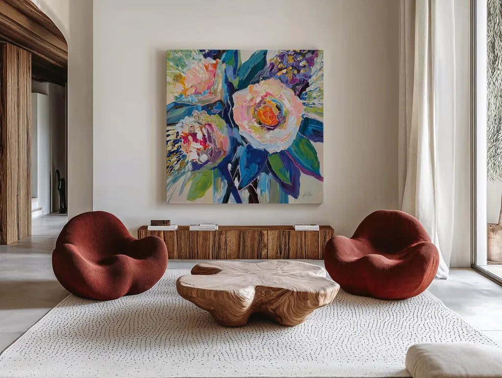 Delightful by Jeanette Vertentes. Shown as extra-large giant wall art in a modern living room. Available as an archival giclee rolled canvas, fine art paper, or poster print. SKU 90513a.