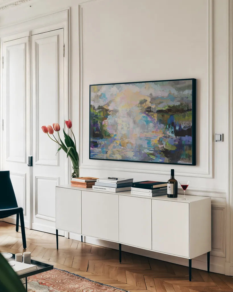 Dream by Jeanette Vertentes. shown as a framed stretched canvas in a living room above a console. Available as a archival giclee rolled canvas, fine art paper, or poster print. SKU 92255i.