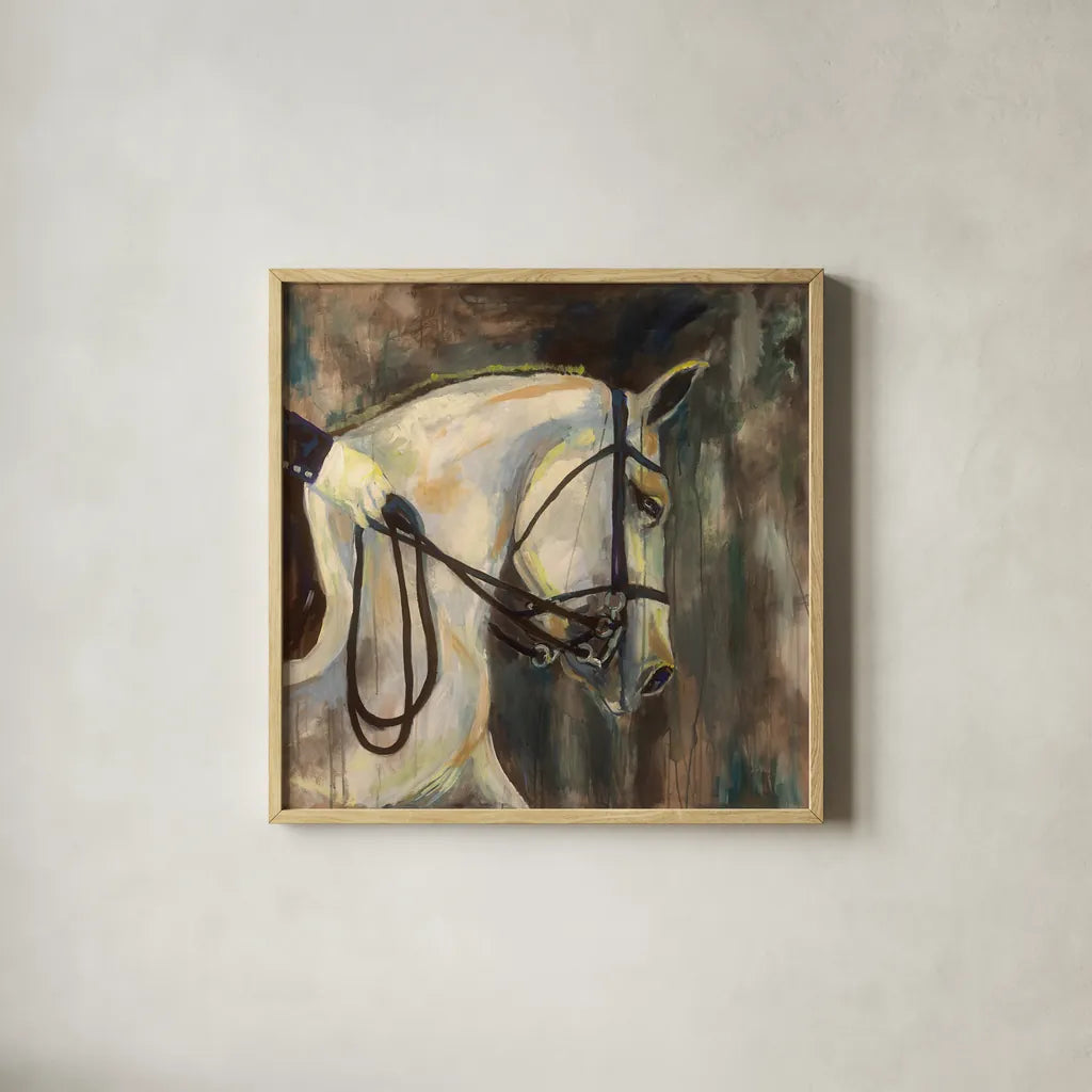 Dressage by Jeanette Vertentes. Shown in a natural wood glass frame for a timeless modern aesthetic. Available as an archival giclee rolled canvas, fine art paper, or poster print. SKU 49340a.