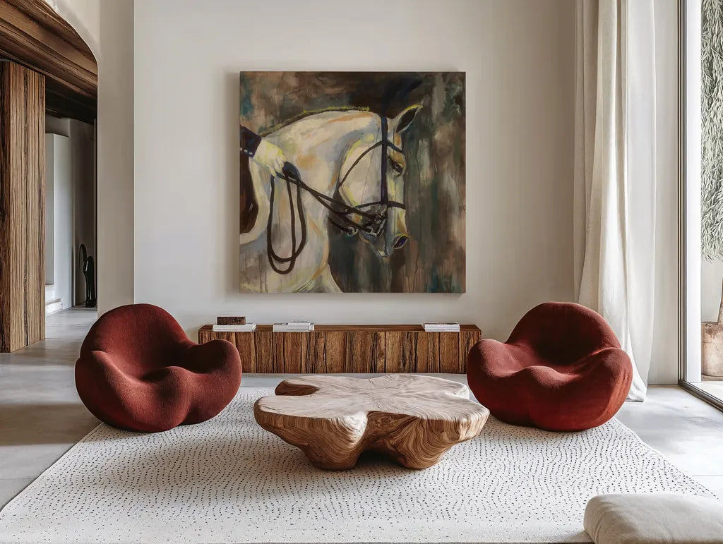 Dressage by Jeanette Vertentes. Shown as extra-large giant wall art in a modern living room. Available as an archival giclee rolled canvas, fine art paper, or poster print. SKU 49340a.