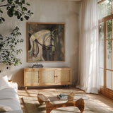 Dressage v2 by Jeanette Vertentes. Shown in a natural wood frame in a cozy modern living room. Available as an archival giclee rolled canvas, fine art paper, or poster print. SKU 51479a.
