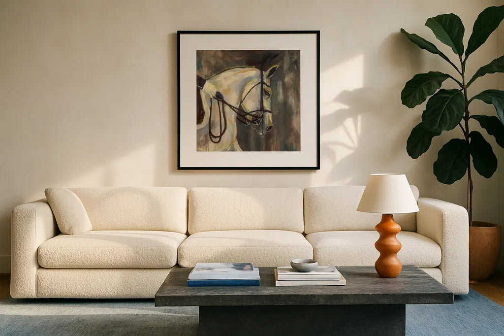 Dressage v2 by Jeanette Vertentes. Displayed in a glass frame with matte in a clean modern living room. Available as an archival giclee rolled canvas, fine art paper, or poster print. SKU 51479a.
