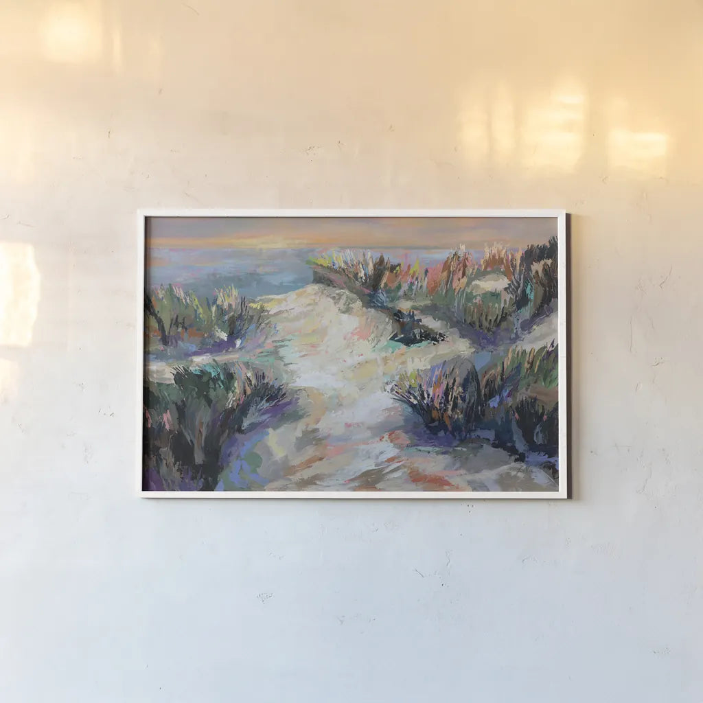 Dune Dance by Jeanette Vertentes. shown as a paper print in a white frame. Available as a archival giclee rolled canvas, fine art paper, or poster print. SKU 93136i.