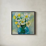 Early Blooms by Jeanette Vertentes. Shown in a sleek black glass frame for a contemporary gallery look. Available as an archival giclee rolled canvas, fine art paper, or poster print. SKU 78355a.